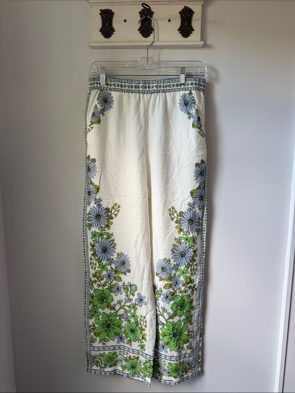 Floral Wide Leg Pants - White with Green & Light Blue Casual Vacation Palazzos